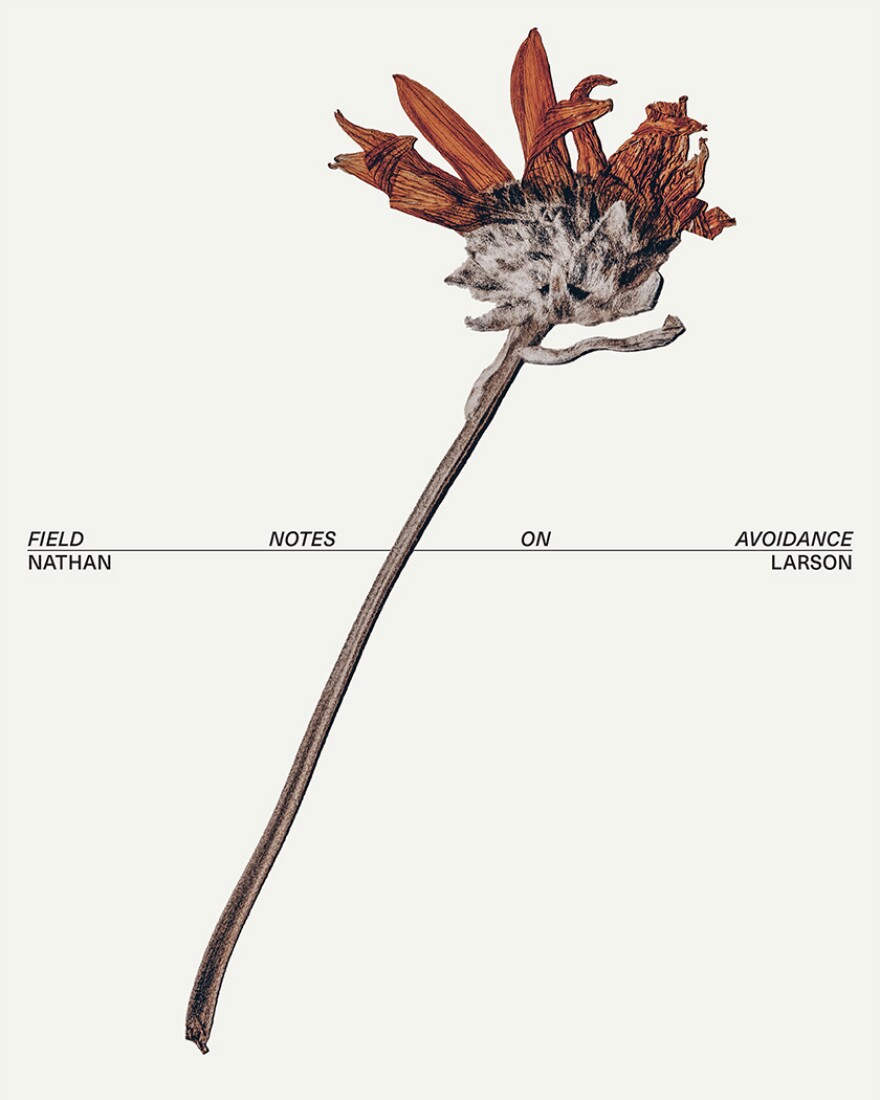 The cover of "Field Notes on Avoidance" by Nathan Larson features a painting of a small flower with orange petals against a white background. 