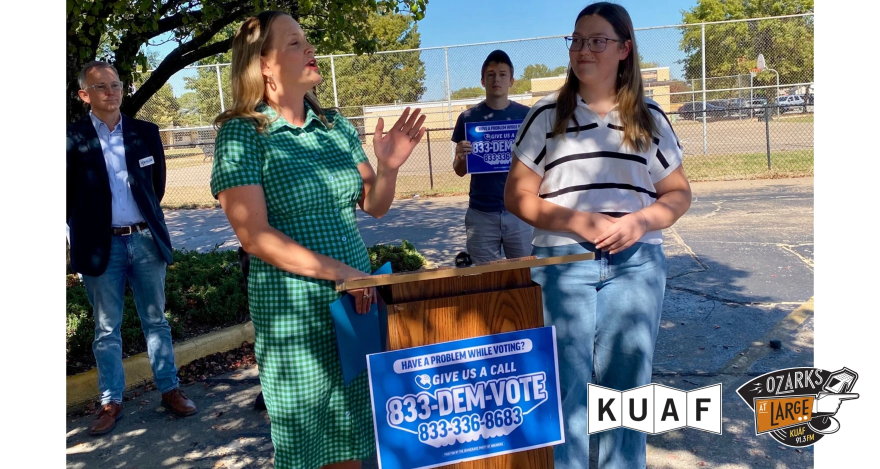 Former Democratic state Rep. Megan Godfrey announces the party's voter protection hotline at Elmdale Baptist Church in Springdale.