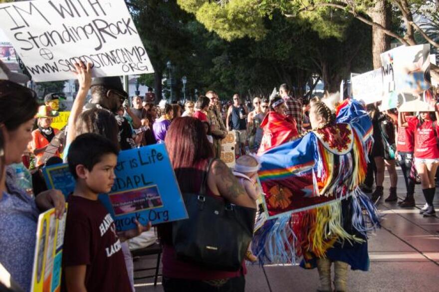 Members of the Las Vegas Paiute Tribe protest along the Las Vegas Strip Friday.