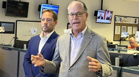 Gov. Mike Braun, right, and Indiana Department of Homeland Security Director Jonathan Whitham update reporters on state and federal disaster response.