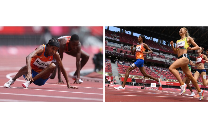 Dutch runner Sifan Hassan gets back up after falling, and finishes first in a heat of the women's 1,500 meter at Olympic Stadium in Tokyo.