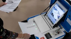 Polling equipment during a public testing event at the Hays County election office on Sept. 18, 2024.