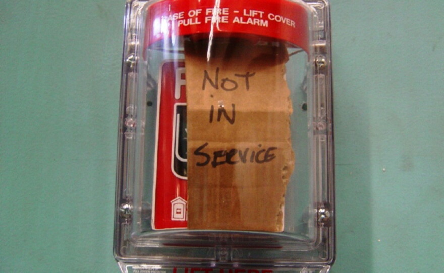 Fire alarm pull boxes that were marked "out of service" in the Delavan-College station