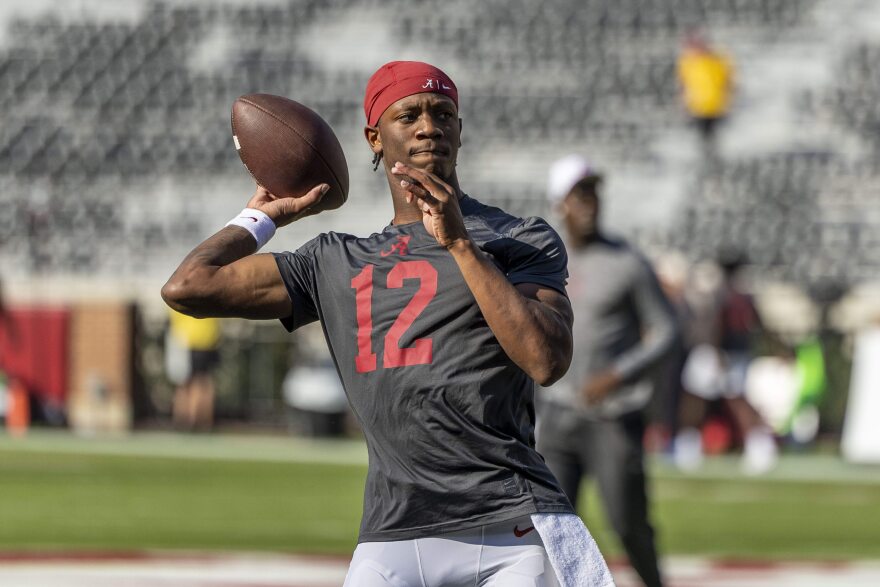 Alabama quarterback Keelon Russell (12) warms up before an NCAA college football game against Wisconsin, Saturday, Sept. 13, 2025, in Tuscaloosa, Ala. (AP Photo/Vasha Hunt)