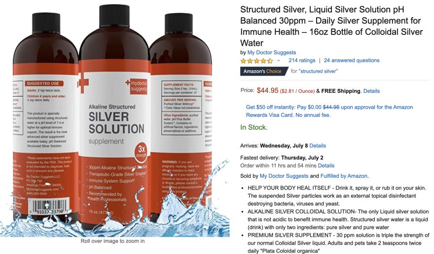 In June, this supplement offered on Amazon claimed it was effective at "destroying bacteria, viruses and yeast." The Department of Justice had sued the third-party seller, My Doctor Suggests LLC, over alleged fraud related to COVID-19. Nonetheless, Amazon still designated the supplement as "Amazon's Choice."