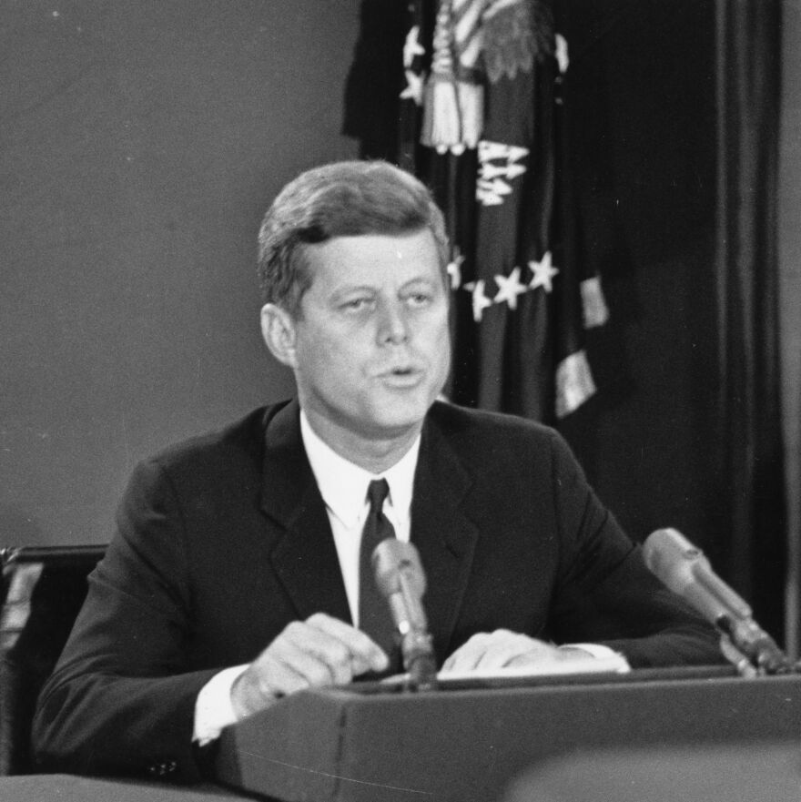 22th October 1962: American president John F Kennedy making his dramatic television broadcast to announce the Cuba blockade during the Cuban Missile Crisis. (Photo by Keystone/Getty Images)