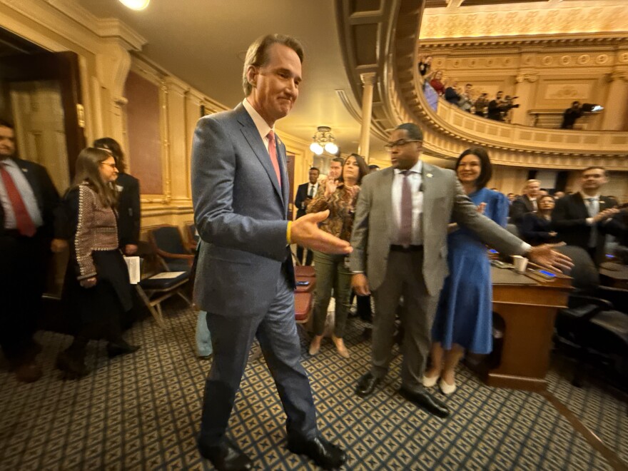 Gov. Glenn Youngkin enters the House of Delegates chamber to deliver his final State of the Commonwealth address.