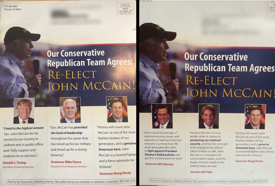 Two versions of a mailer in support of McCain sent by Citizens for a Working America.