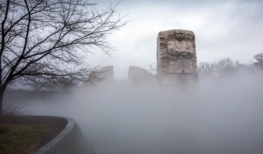 Fog shrouds the Martin Luther King Jr. Memorial in Washington on Friday, Jan. 12, 2018. A federal holiday to commemorate his birthday will be observed Monday.