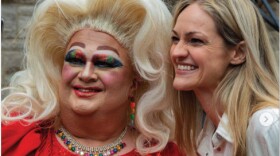 Lady Lydia, whose real name is Frank Carey, poses for a photo with Scranton Mayor Paige Cognetti during the 2025 Pride flag raising at Scranton City Hall.