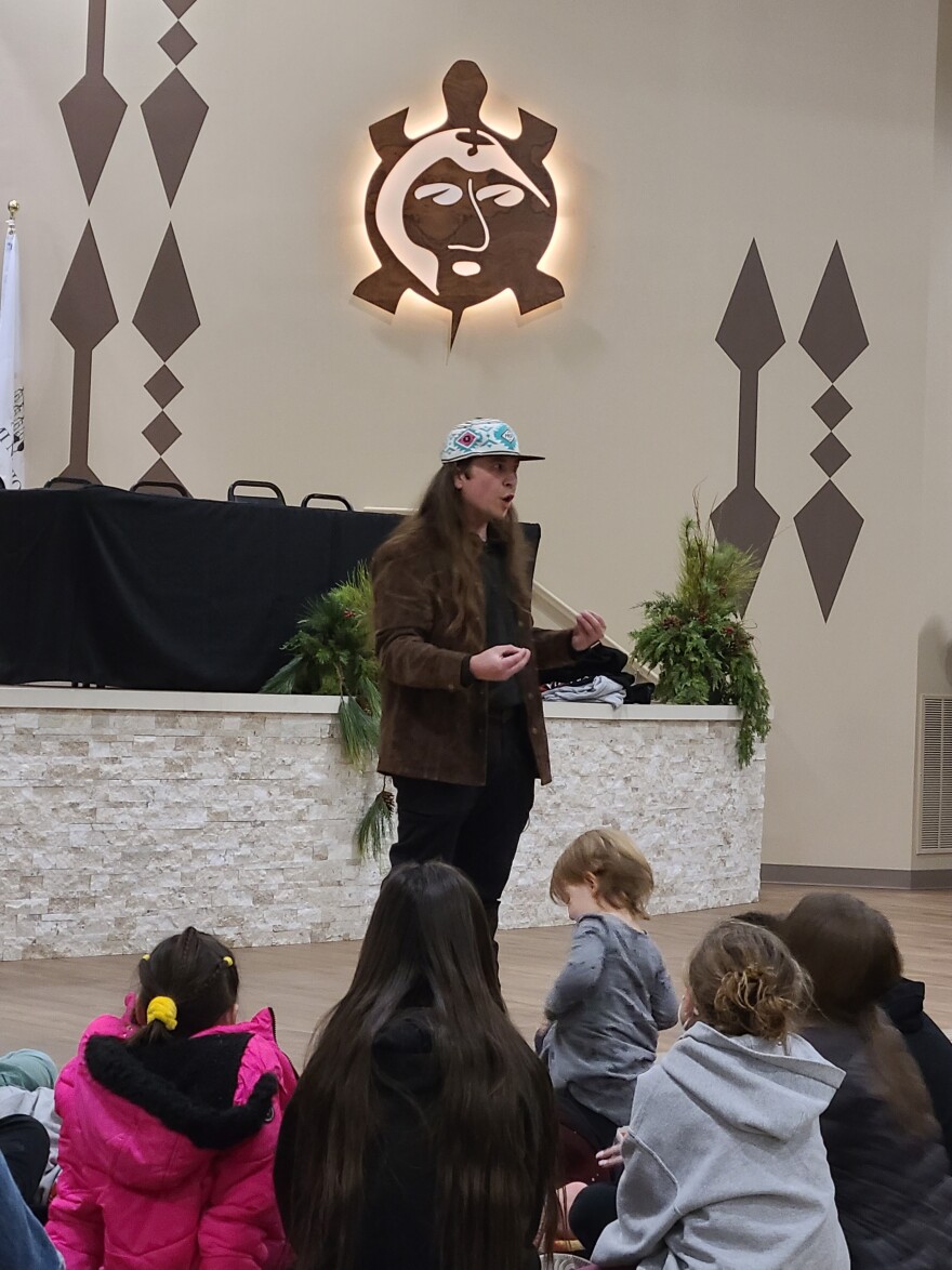 Chris Bowyer serves as an aayaalhsoohkia, ‘storyteller', during the Miami Tribe of Oklahoma's annual Winter Gathering in 2023.