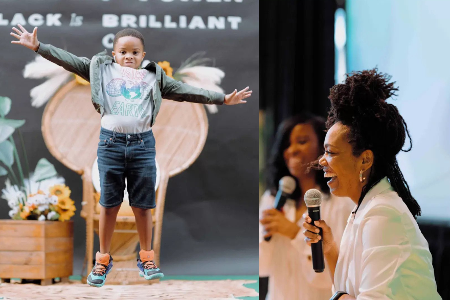 A child jumps in front of a photo wall at BE NOLA’s summit in 2022 (left). Organizers Stevona Elem-Rogers (back) and Adrinda Kelly speaking at last year’s event.