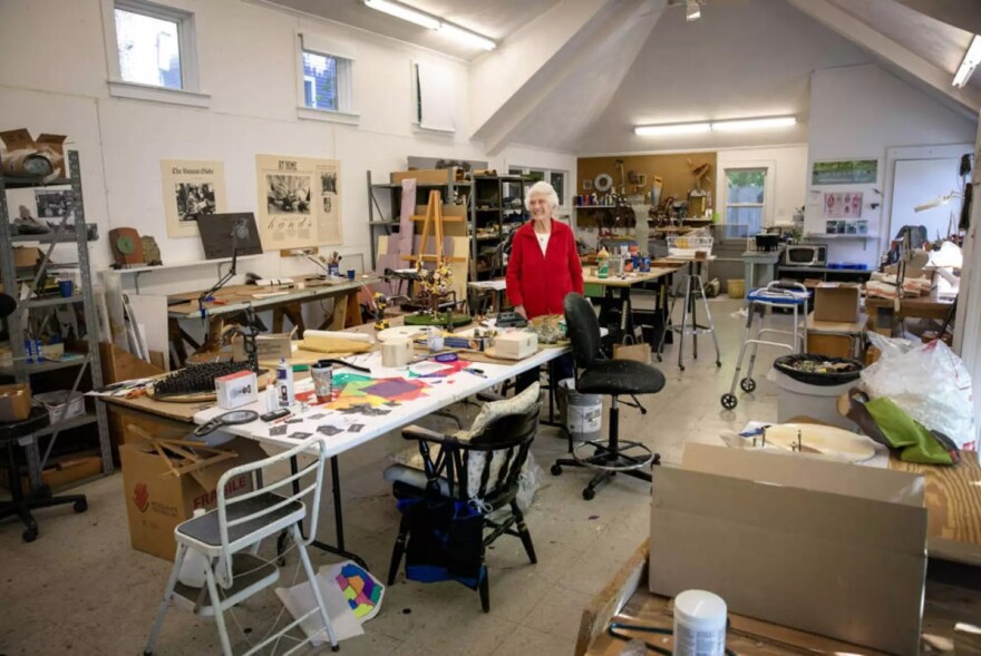 Sculptor Nancy Schön in her studio in Newton.