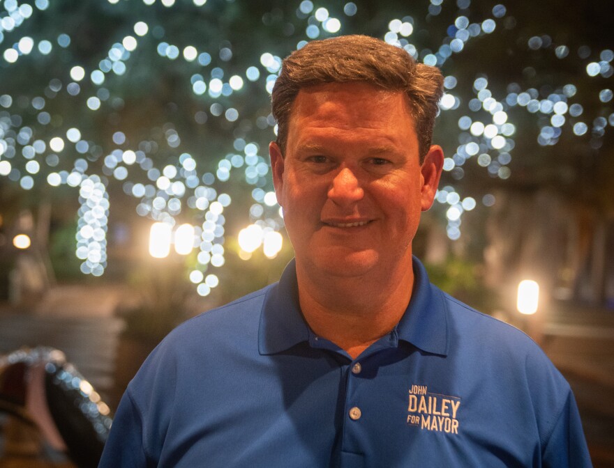 A man in a blue golf shirt with "John Dailey for Mayor" appliqued on the left