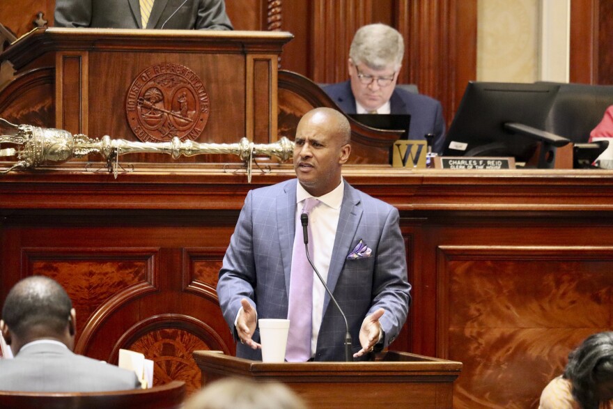 South Carolina House Minority Leader Todd Rutherford speaks against a bond bill in Columbia, S.C. on Wednesday, June 14, 2023.Both state legislative chambers on Wednesday overwhelmingly approved a bill that would require the payment of a full cash bond to post bail for people charged with a second violent or firearm-involved offense while out on pretrial release for a first offense. (AP Photo/James Pollard)