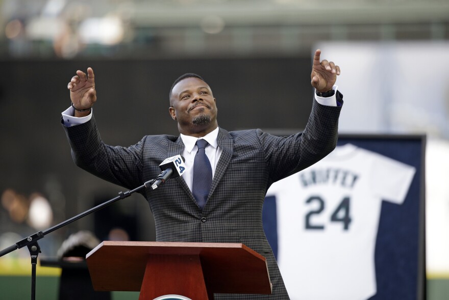 Former Seattle Mariners outfielder, and Moeller High School graduate, Ken Griffey Jr. is honored for his Hall of Fame induction before a baseball game Aug. 7, 2016, in Seattle.