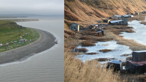 The Umkumiut seasonal subsistence site and village on Nelson Island is seen in 2014 (left) and after the remanants of Typhoon Halong struck the site on Oct. 12, 2025.