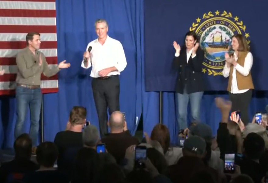 Congressman Chris Pappas welcomes CA Gov. Gavin Newsom to the stage during a Democratic rally at Exeter Town Hall, Saturday, October 18, 2026