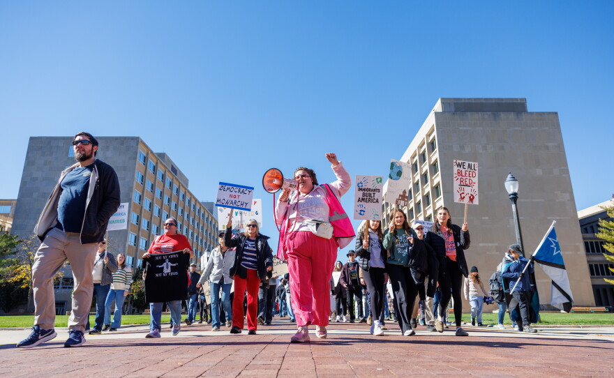 Thousands marched around Capitol Square in Lansing, Mich., for the fourth No Kings rally on Oct. 17, 2026.