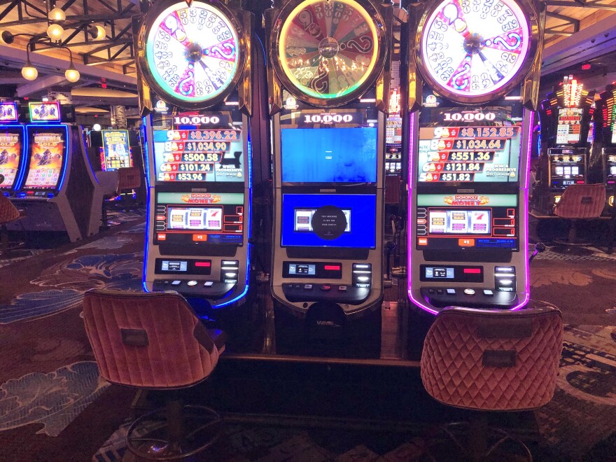  Slot machines at the MGM Casino in Springfield, Massachusetts, with one shut down to promote social distancing on July 9, 2020.