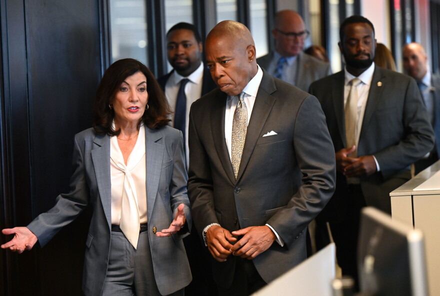 Gov. Kathy Hochul, left, spent the anniversary of her year in office meeting with New York City Mayor Eric Adams, right, and ATF officials to combat illegal guns through a program she started.  