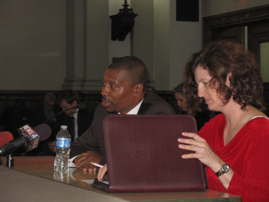 Former St. Louis corrections commissioner Gene Stubblefield and his attorney at a 2011 hearing of the city&apos;s public safety committee