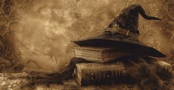 A vintage illustration of a witch hat with detailed line work, resting on an old book. Background of an antique study. Sepia tones, intricate details, nostalgic atmosphere. Created Using: vintage illustration techniques, detailed line work, sepia tones, antique study setting --ar 16:9 Job ID: c8db4828-23fa-4f42-9908-d8a736ad7bd0