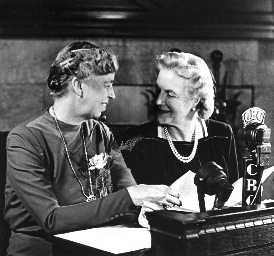 Eleanor Roosevelt (left) and Clementine Churchill pose for photographers shortly before making an address over the CBC network in 1944.