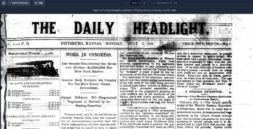 A screenshot of the Pittsburg Public Library Digital Archives, showing a scan of a Daily Headlight newspaper from 1886.