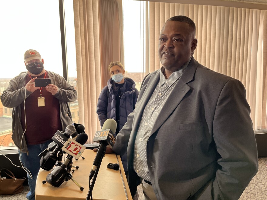 Pathways to Peace co-founder Victor Saunders is introduced to reporters on Friday, Dec. 3, 2021, ahead of joining Malik Evans' administration.