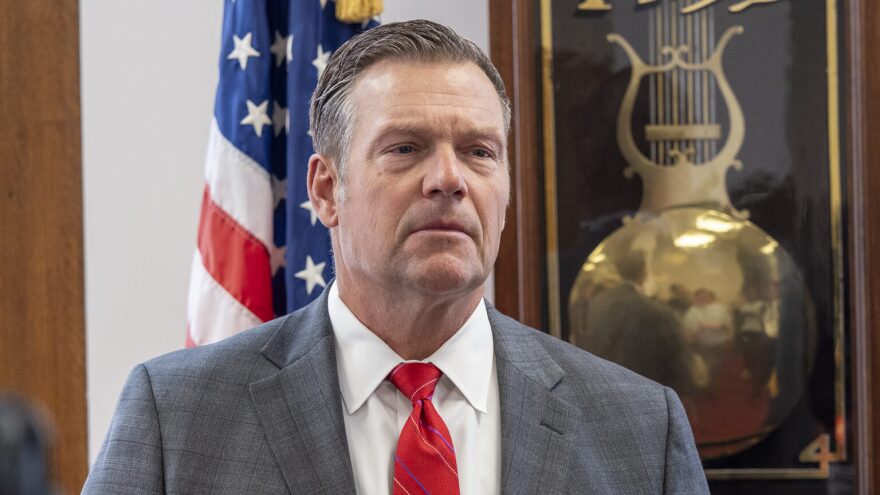 Attorney General Kris Kobach speaks at an Oct. 1, 2025, news conference. On June 5, he urged the U.S. Environmental Protection Agency to classify an abortion pill as a contaminant.