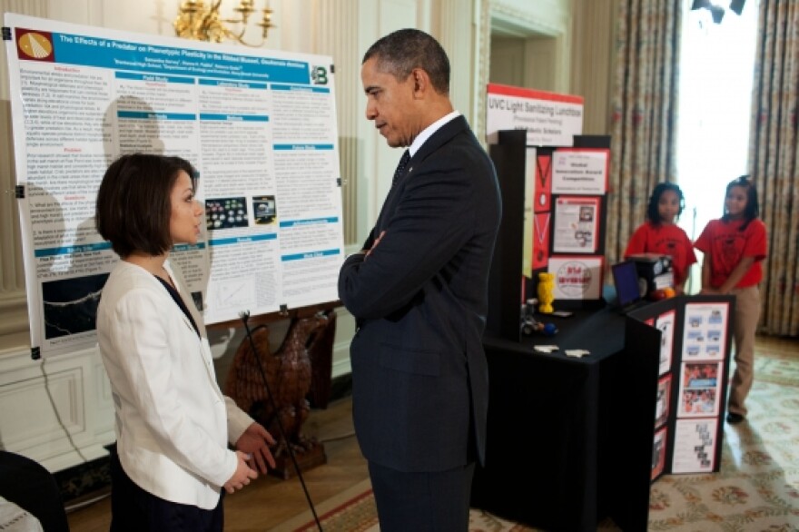 President Obama talked with Samantha Garvey, 18, of Bay Shore, N.Y., about her environmental sciences project at the second White House science fair.