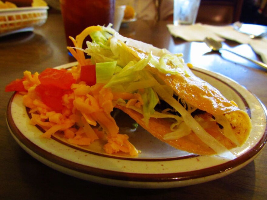 Crunchy tacos are one of the staple dishes served at Mitla Cafe in San Bernadino, Calif.