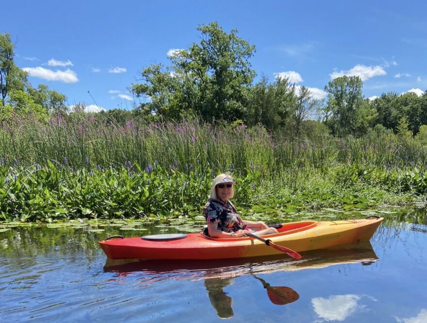 Maureen DeFrance just before news of the toxic spill ended her Huron River paddle trip abruptly Tuesday afternoon.