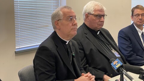 Albany Bishop Mark O'Connell addresses reporters at the diocesan Pastoral Center on Friday, March 27, 2026.