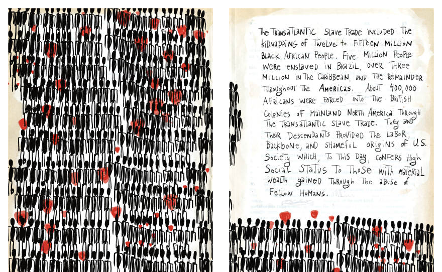 Two pages are spread flat, revealing hundreds of images of Black bodies marked by red dots illustrating the Genocide of Black Americans