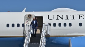 President Joe Biden walks down the steps of Air Force One after landing at the Wilkes-Barre/Scranton International Airport on Tuesday afternoon.