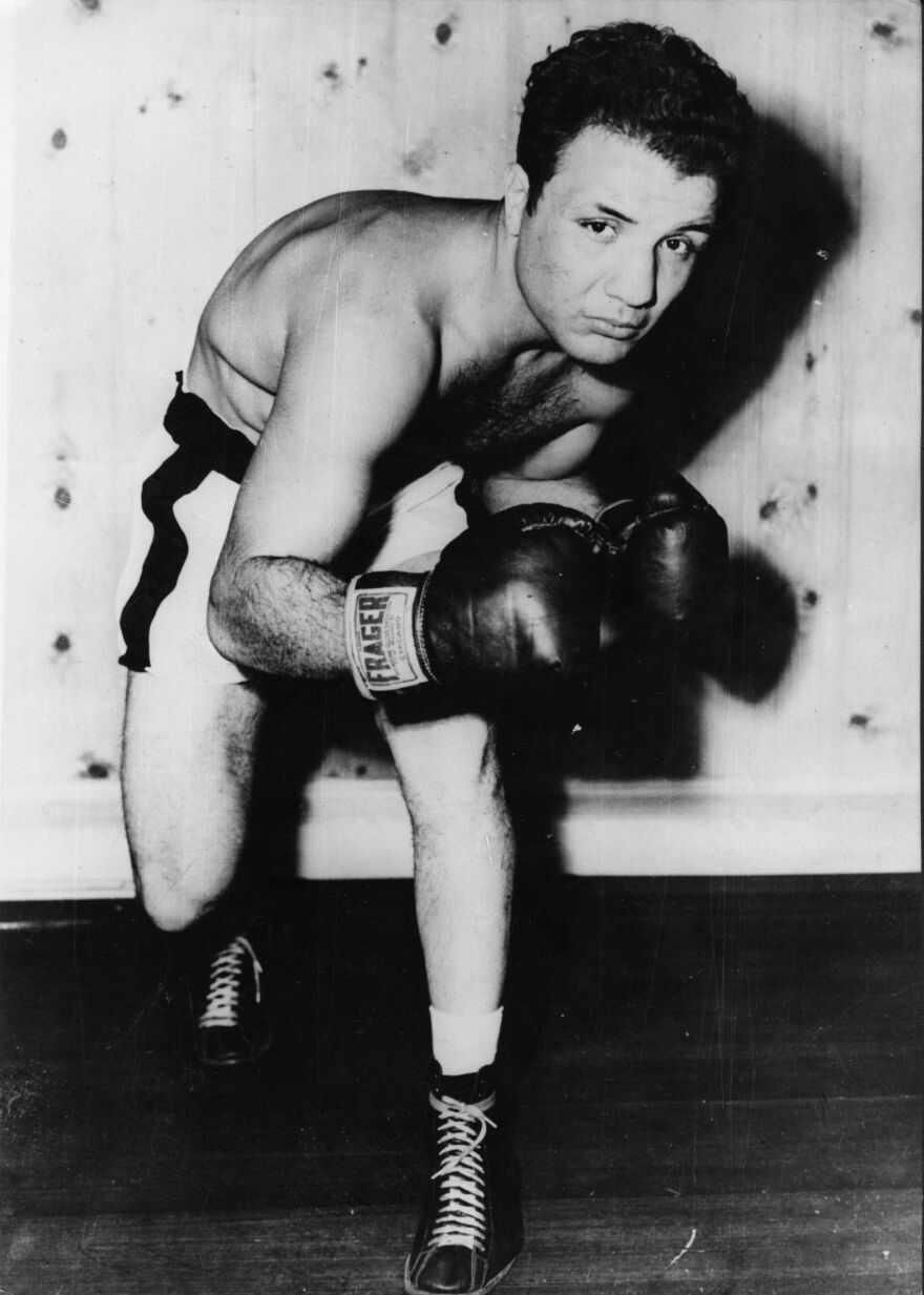 Jake LaMotta trains to take on French boxer Marcel Cerdan in 1949.