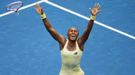 Coco Gauff, of the United States, celebrates winning a match against Mirra Andreeva, of Russia, during the quarterfinal round of the U.S. Open tennis championships, Wednesday, Sept. 9, 2026, in New York. (Seth Wenig/AP)