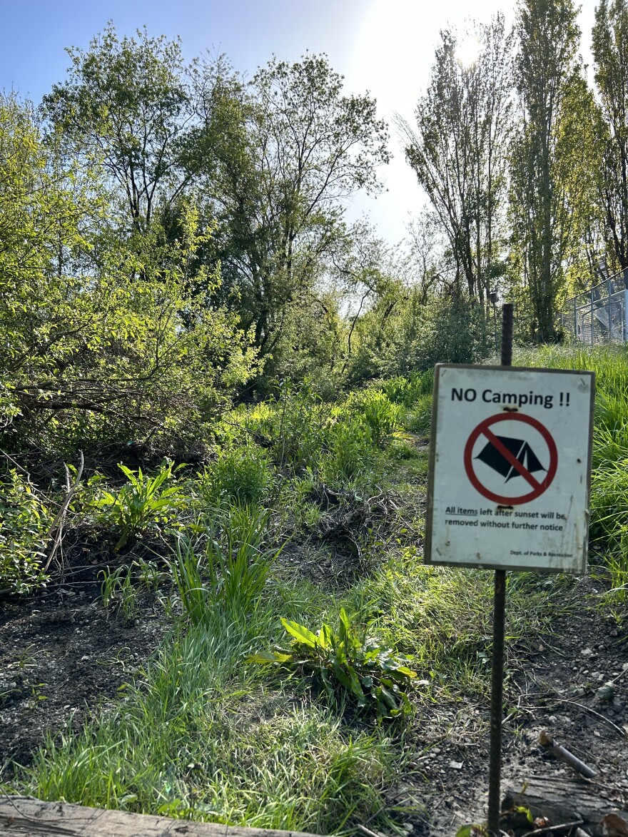 A 'No Camping Sign' at the west end of the paved Lower Codornices Path