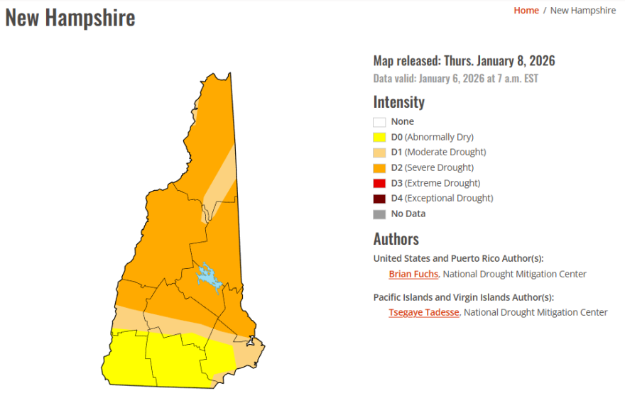 A map of New Hampshire's drought severity from January 8th, 2026