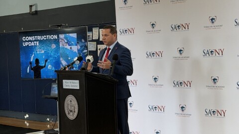 Onondaga County Executive Ryan McMahon announces the name of the county's aquarium.