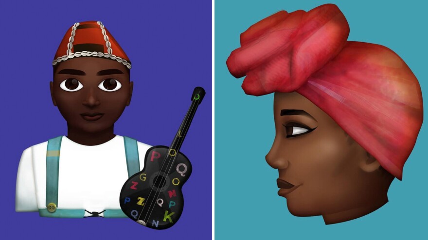 Stickers designed by Grebet depict a local musician (left), and a woman wearing a traditional head scarf.