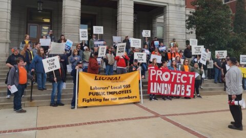 Local 955 workers gather for a protest at the steps of Jesse Hall on Nov. 4, 2023.