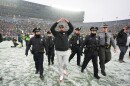Ohio State Buckeyes head coach Ryan Day celebrates after the team's win against Michigan in an NCAA college football game, Saturday, Nov. 29, 2025, in Ann Arbor, Mich. 