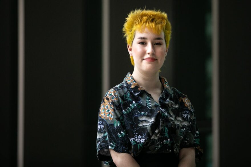 Indigo Giles on the campus of the University of Texas in Austin, on Apr. 27, 2021. Giles, who is gender nonbinary, had top surgery performed in high school — something that would be illegal under a slate of bills currently making its way through the Texas Legislature.