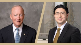 Mitch Daniels and incoming president Mung Chiang.