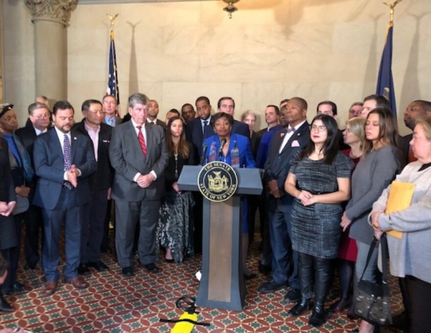 Senate Majority Leader-elect Andrea Stewart-Cousins speaks at a press conference with the newly configured Democratic conference.