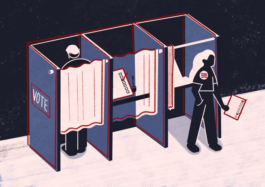 An illustration of voting booths is displayed. The booths are dark blue with white curtains and red outlining. There is one person in a voting booth and another walking out wearing a pin with an American flag. 