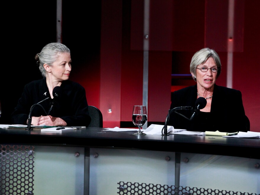 Deborah Goldberg (left) and Katherine Hudson argue in favor of the motion "The Natural Gas Boom Is Doing More Harm Than Good."